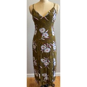 Silence + Noise Olive Green Tropical Floral Rayon Maxi Dress Size 6 EUC Slit Hem
